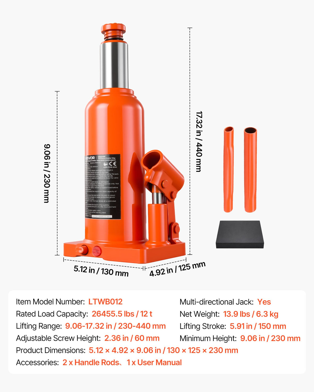 VEVOR Hydraulic Bottle Jack 12 Ton (26455.5 lbs) 9.06"-17.32" Lifting Range, for Heavy-Duty Pickup Truck, Medium-Duty Truck, RV, Auto Repair, House Lift, Multi-Directional Welded Jack with Long Handle - DXPSQJD12TZJSXKRJ001V0 - view 8