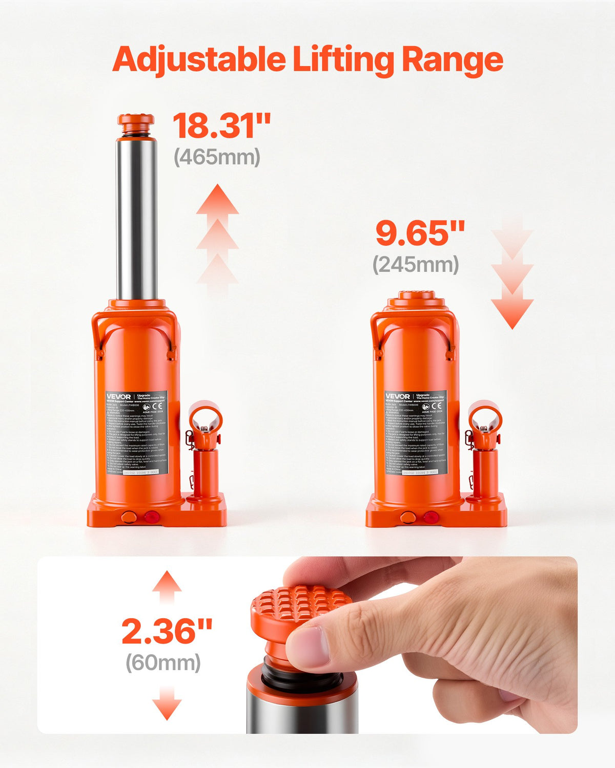 VEVOR Hydraulic Bottle Jack 20 Ton (44092.5 lbs) 9.65"-18.31" Lifting Range, for Construction Vehicle, Heavy-Duty Truck, Bus, Auto Repair and House Lift, Multi-Directional Welded Jack with Long Handle - DXPSQJD20TZJSVZOD001V0 - view 4
