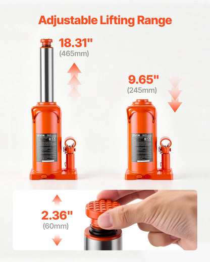 VEVOR Hydraulic Bottle Jack 20 Ton (44092.5 lbs) 9.65"-18.31" Lifting Range, for Construction Vehicle, Heavy-Duty Truck, Bus, Auto Repair and House Lift, Multi-Directional Welded Jack with Long Handle - DXPSQJD20TZJSVZOD001V0 - view 4