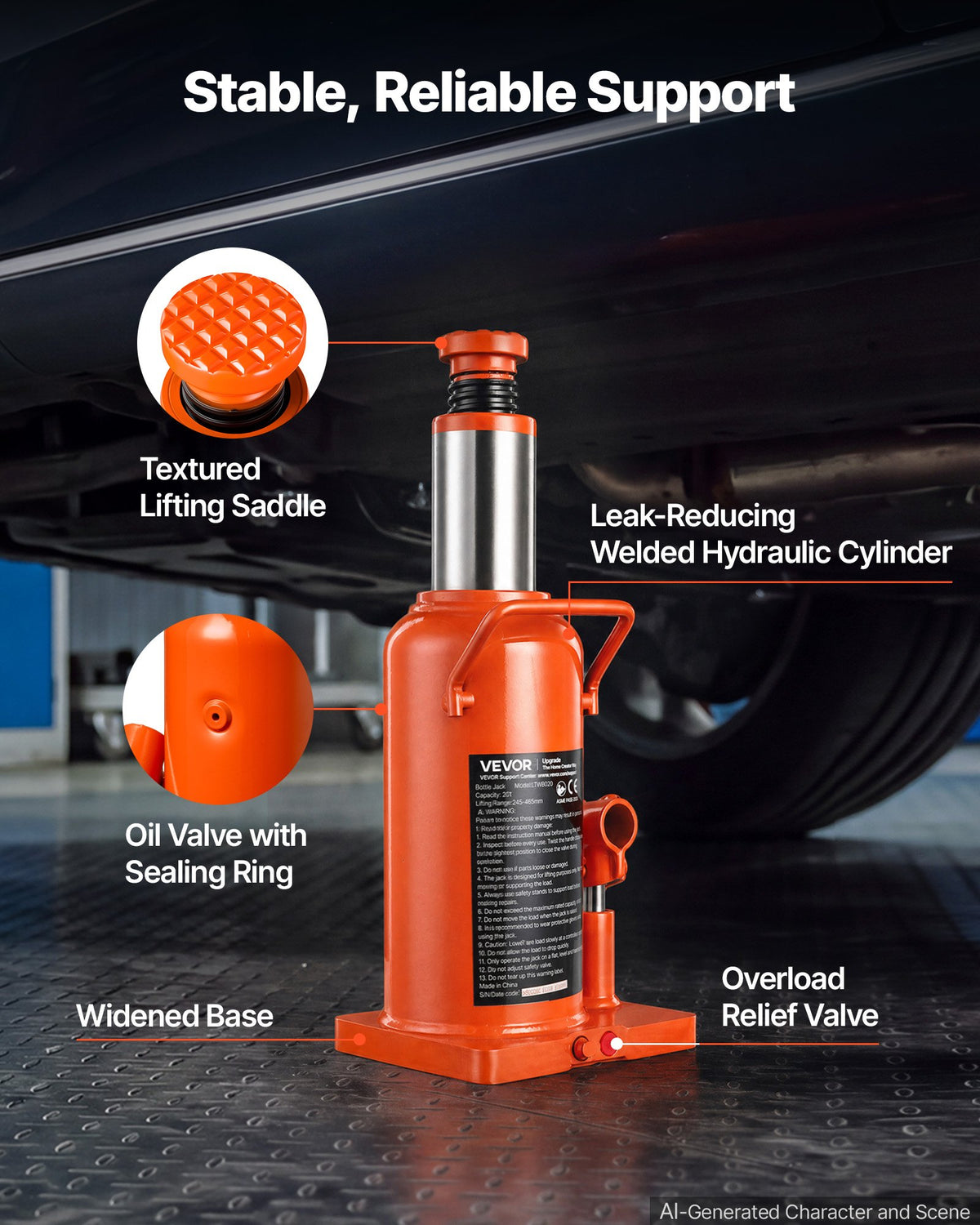 VEVOR Hydraulic Bottle Jack 20 Ton (44092.5 lbs) 9.65"-18.31" Lifting Range, for Construction Vehicle, Heavy-Duty Truck, Bus, Auto Repair and House Lift, Multi-Directional Welded Jack with Long Handle - DXPSQJD20TZJSVZOD001V0 - view 6