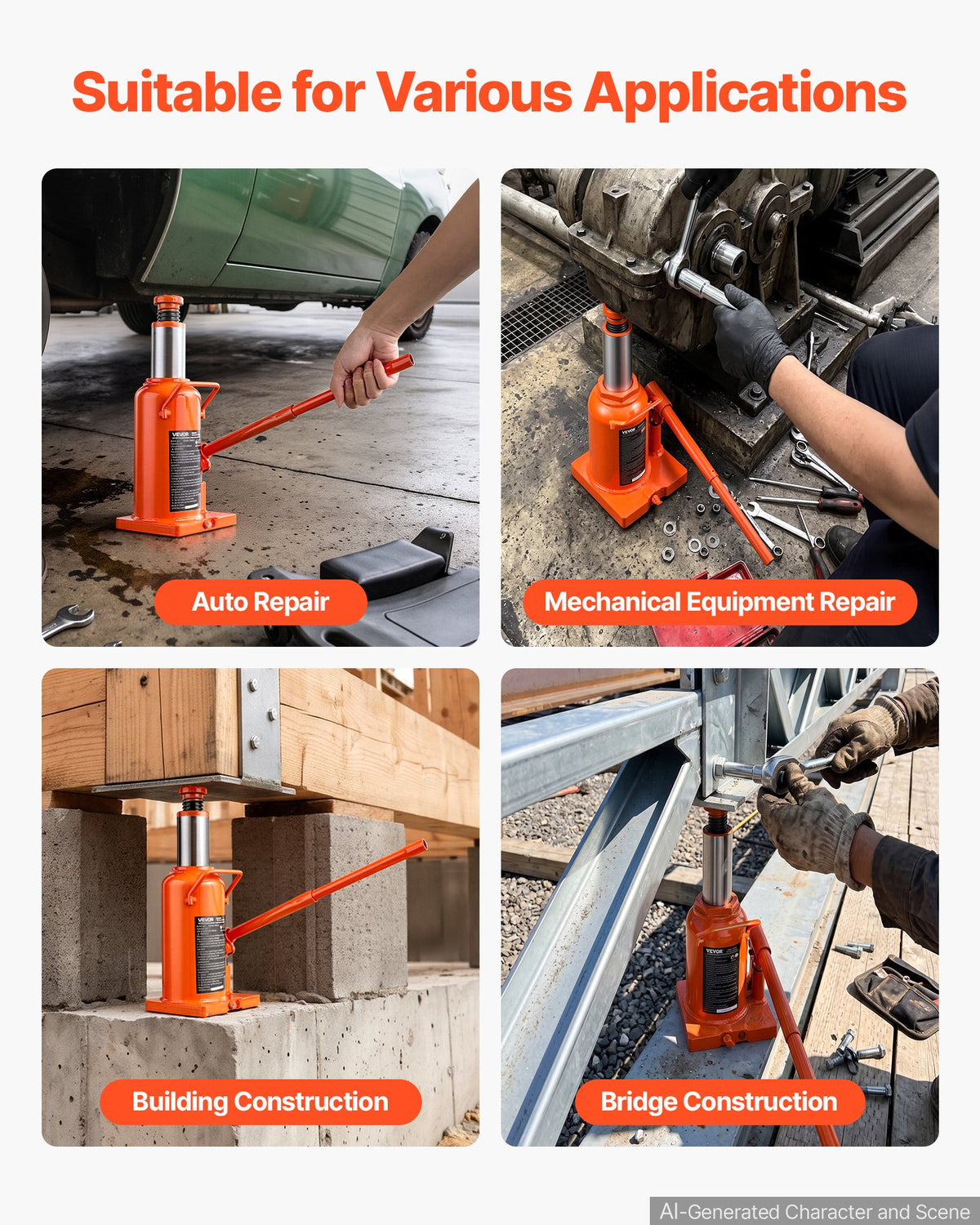 VEVOR Hydraulic Bottle Jack 20 Ton (44092.5 lbs) 9.65"-18.31" Lifting Range, for Construction Vehicle, Heavy-Duty Truck, Bus, Auto Repair and House Lift, Multi-Directional Welded Jack with Long Handle - DXPSQJD20TZJSVZOD001V0 - view 7