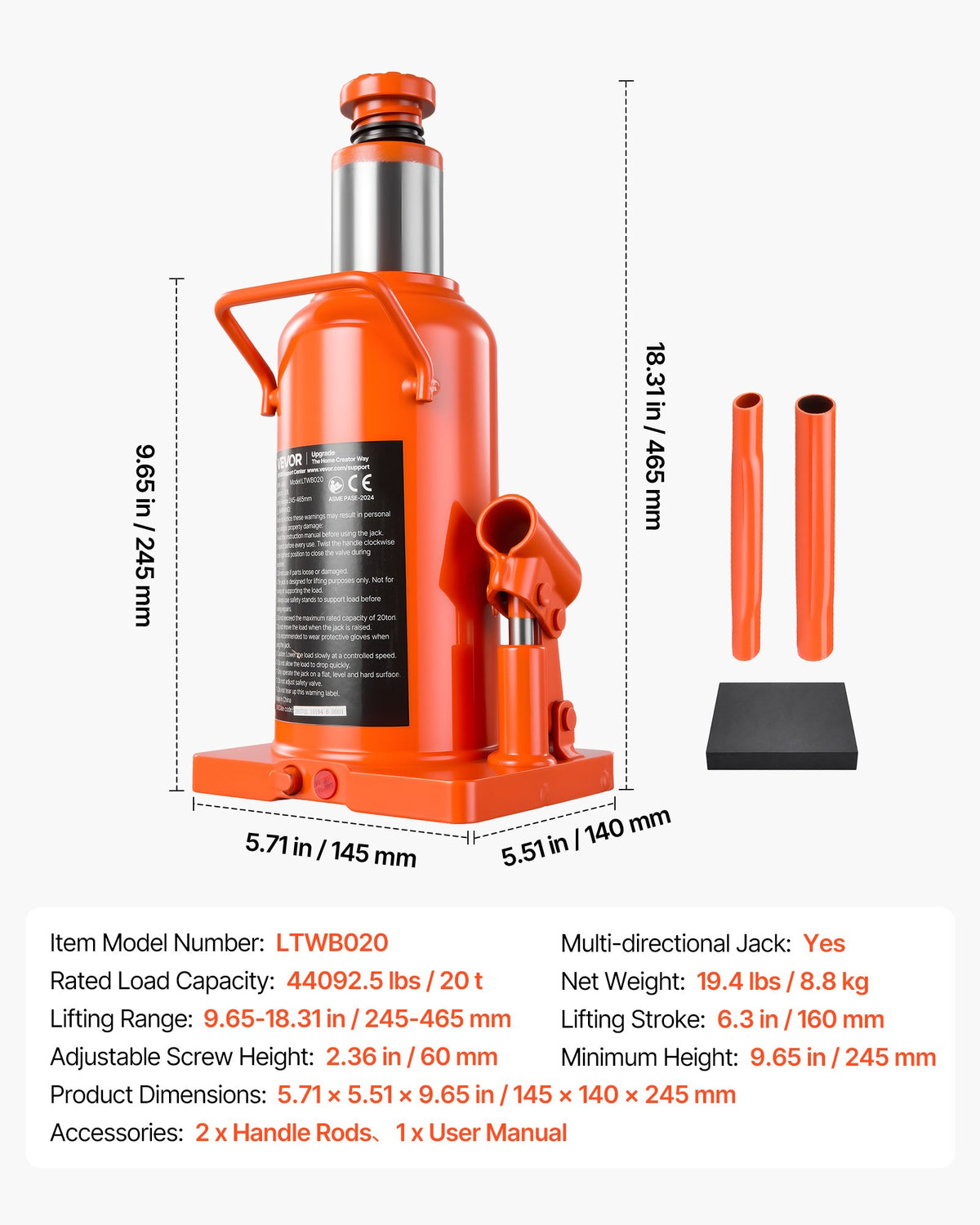 VEVOR Hydraulic Bottle Jack 20 Ton (44092.5 lbs) 9.65"-18.31" Lifting Range, for Construction Vehicle, Heavy-Duty Truck, Bus, Auto Repair and House Lift, Multi-Directional Welded Jack with Long Handle - DXPSQJD20TZJSVZOD001V0 - view 8