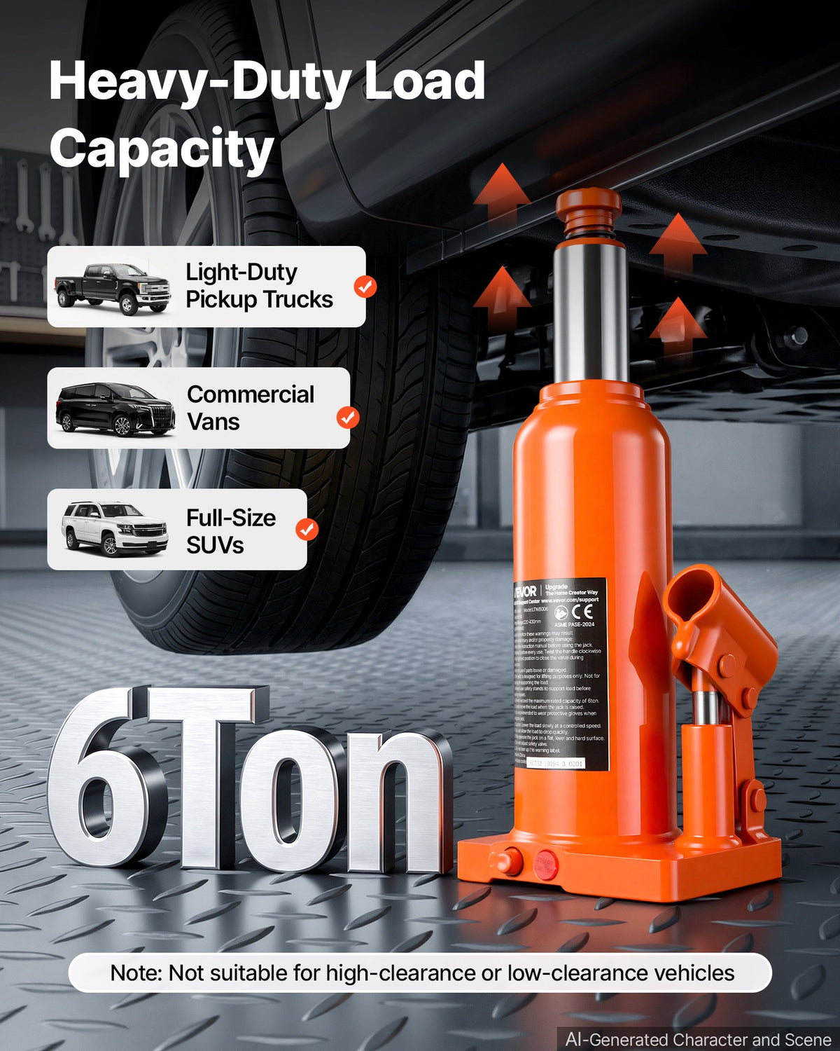 VEVOR Hydraulic Bottle Jack 6 Ton (13227.7 lbs) 8.66"-16.93" Lifting Range, for Full-Size SUV, Light-Duty Pickup, Commercial Van, Auto Repair House Lift, Multi-Directional Welded Jack with Long Handle - DXPSQJD6TZJSDTKYS001V0 - view 3