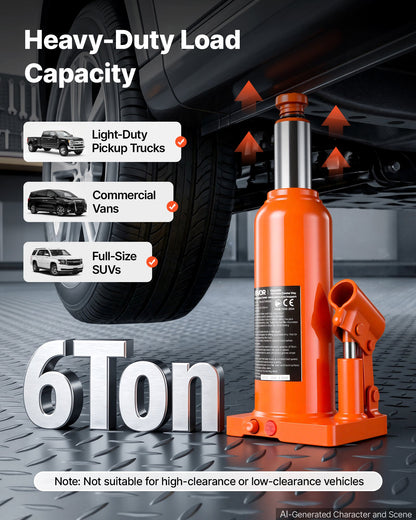 VEVOR Hydraulic Bottle Jack 6 Ton (13227.7 lbs) 8.66"-16.93" Lifting Range, for Full-Size SUV, Light-Duty Pickup, Commercial Van, Auto Repair House Lift, Multi-Directional Welded Jack with Long Handle - DXPSQJD6TZJSDTKYS001V0 - view 3