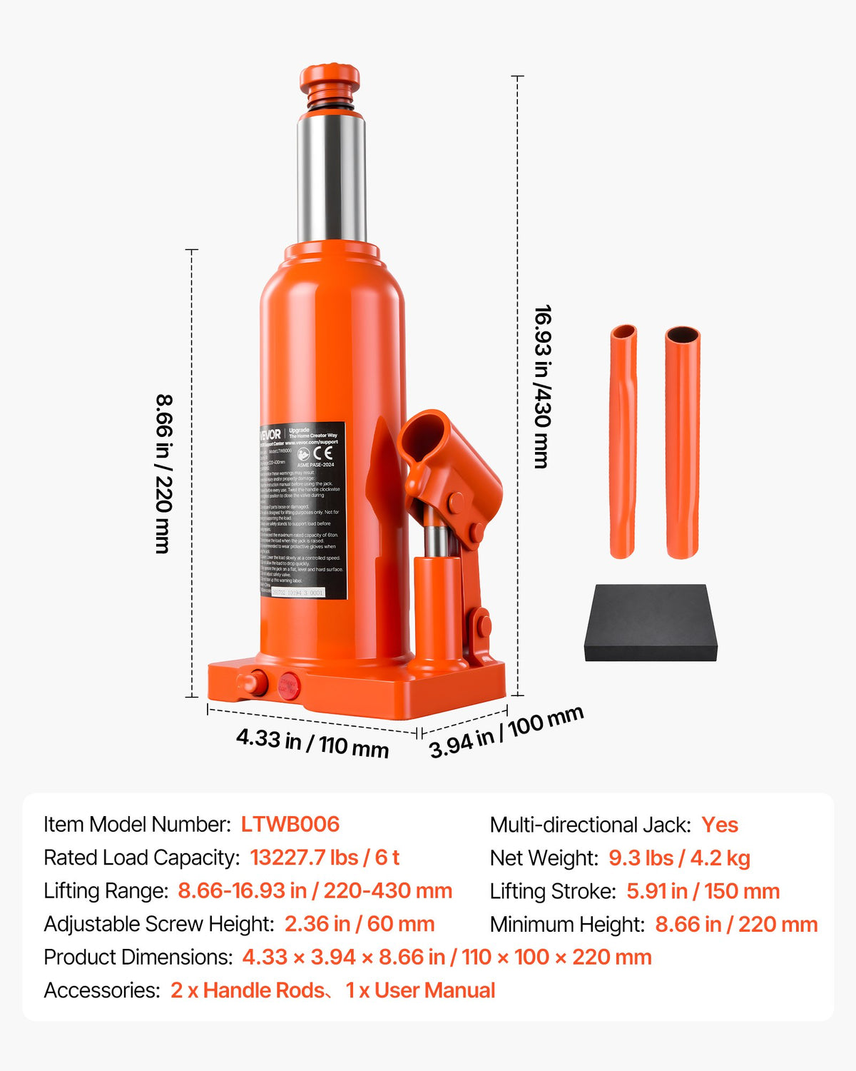 VEVOR Hydraulic Bottle Jack 6 Ton (13227.7 lbs) 8.66"-16.93" Lifting Range, for Full-Size SUV, Light-Duty Pickup, Commercial Van, Auto Repair House Lift, Multi-Directional Welded Jack with Long Handle - DXPSQJD6TZJSDTKYS001V0 - view 8