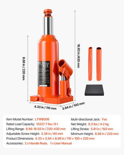 VEVOR Hydraulic Bottle Jack 6 Ton (13227.7 lbs) 8.66"-16.93" Lifting Range, for Full-Size SUV, Light-Duty Pickup, Commercial Van, Auto Repair House Lift, Multi-Directional Welded Jack with Long Handle - DXPSQJD6TZJSDTKYS001V0 - view 8