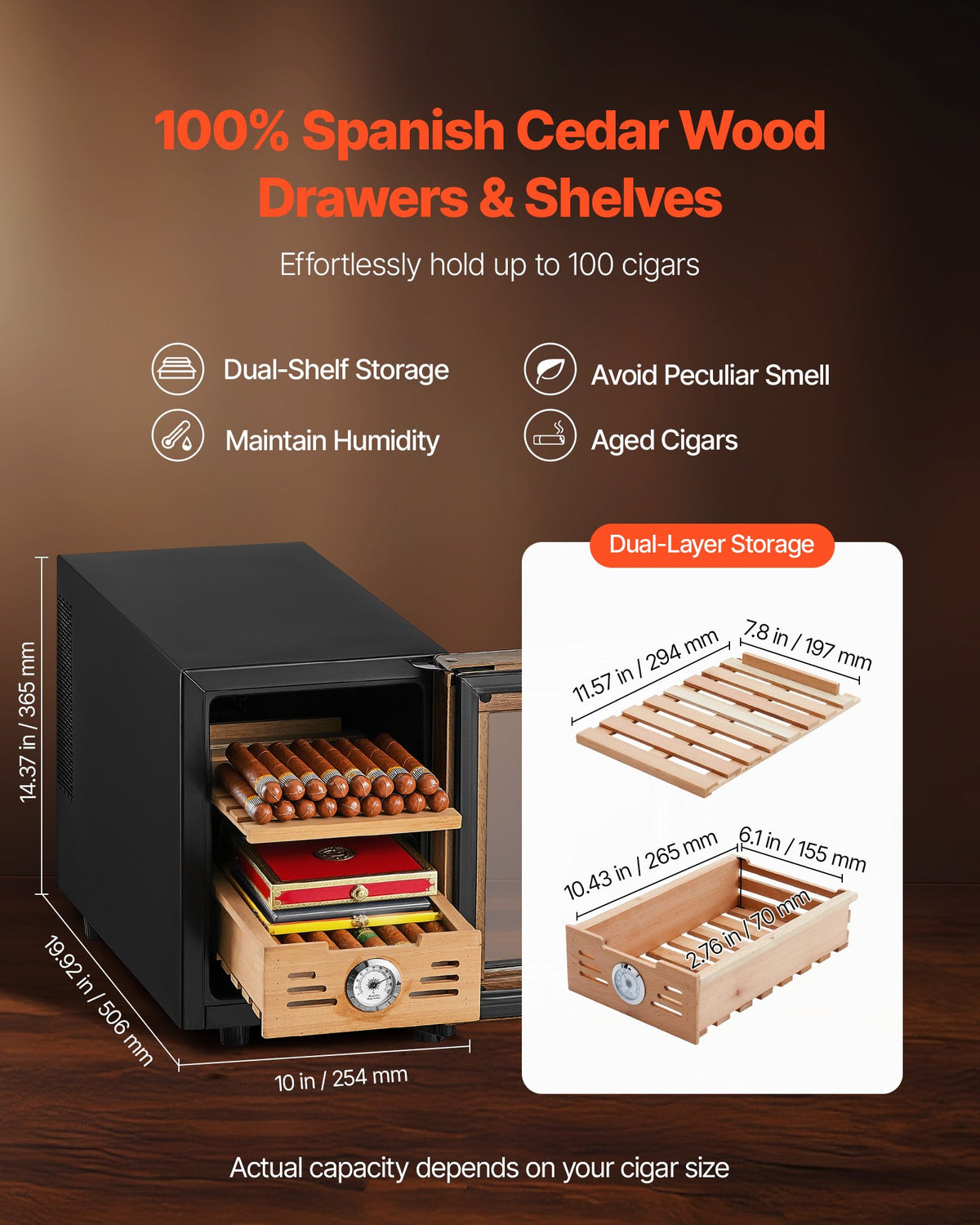 VEVOR Electric Humidor, 16L, 100 Counts Electric Cigar Humidor Cabinet with Cooling Temperature Control, Spanish Cedar Wood Shelves & Drawers, Mechanical Hygrometer, 2 Layers, Cooler for Household - DXQBSJBDTZL1PQ3ZS001V1 - view 5