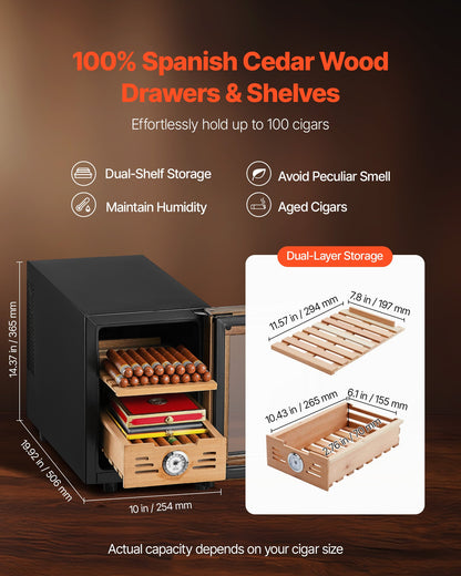 VEVOR Electric Humidor, 16L, 100 Counts Electric Cigar Humidor Cabinet with Cooling Temperature Control, Spanish Cedar Wood Shelves & Drawers, Mechanical Hygrometer, 2 Layers, Cooler for Household - DXQBSJBDTZL1PQ3ZS001V1 - view 5