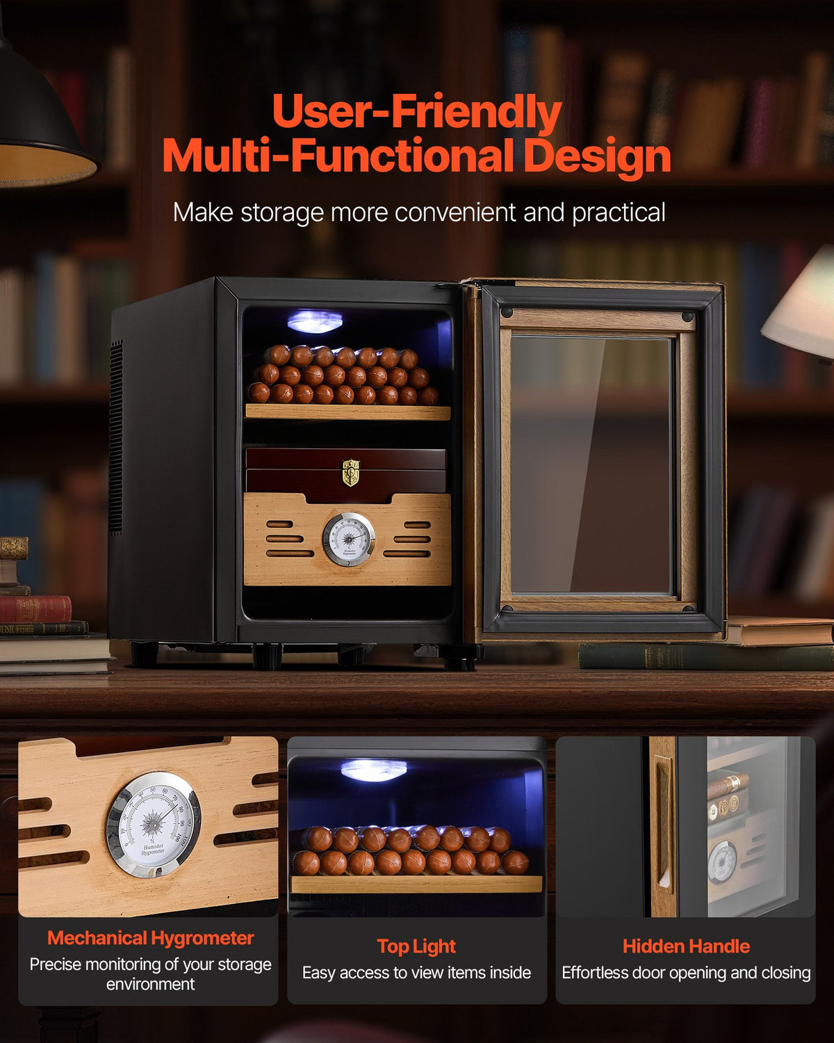 VEVOR Electric Humidor, 16L, 100 Counts Electric Cigar Humidor Cabinet with Cooling Temperature Control, Spanish Cedar Wood Shelves & Drawers, Mechanical Hygrometer, 2 Layers, Cooler for Household - DXQBSJBDTZL1PQ3ZS001V1 - view 7