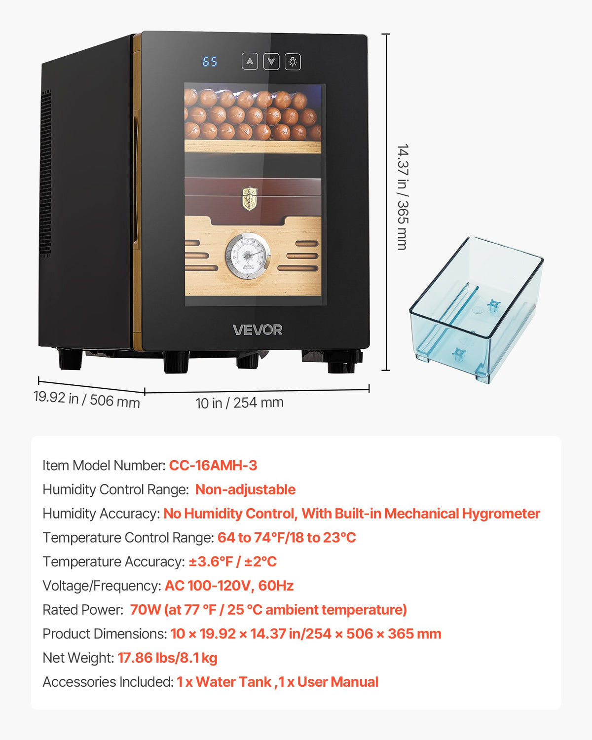 VEVOR Electric Humidor, 16L, 100 Counts Electric Cigar Humidor Cabinet with Cooling Temperature Control, Spanish Cedar Wood Shelves & Drawers, Mechanical Hygrometer, 2 Layers, Cooler for Household - DXQBSJBDTZL1PQ3ZS001V1 - view 8