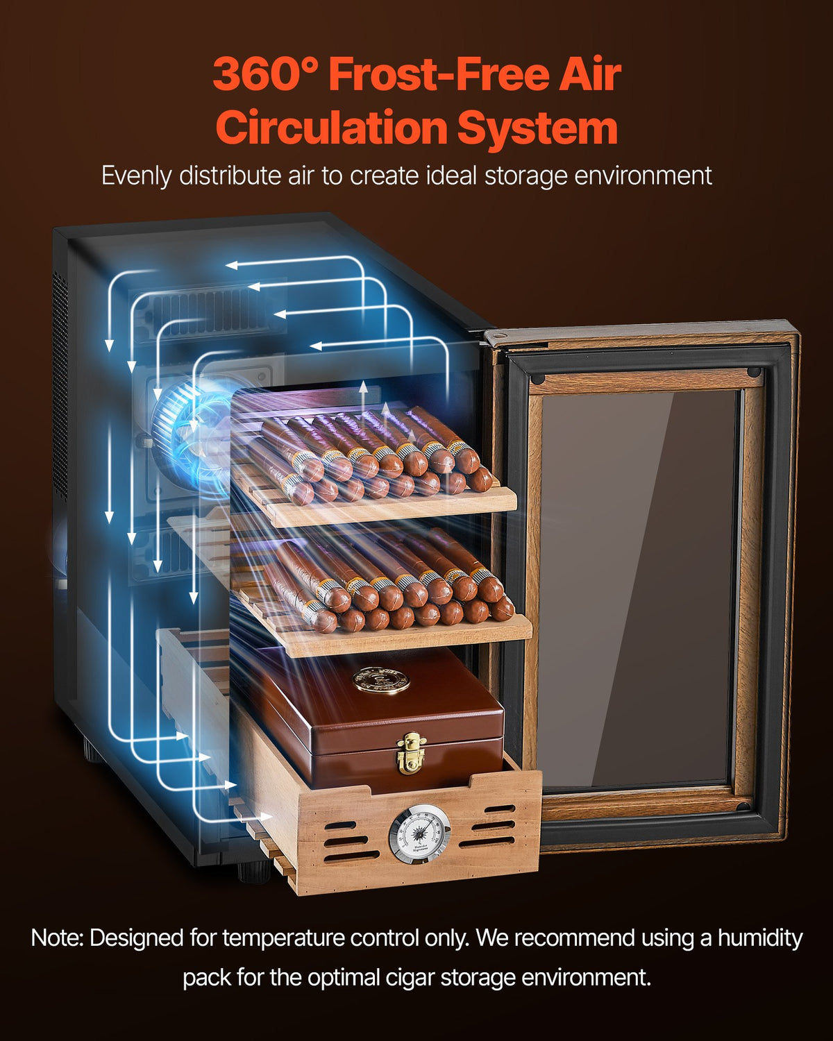 VEVOR Electric Humidor, 23L, 150 Counts Electric Cigar Humidor Cabinet with Cooling Temperature Control, Spanish Cedar Wood Shelves & Drawers, Mechanical Hygrometer, 3 Layers, Cooler for Household - DXQBSJBDTZL2IU3T6001V1 - view 4