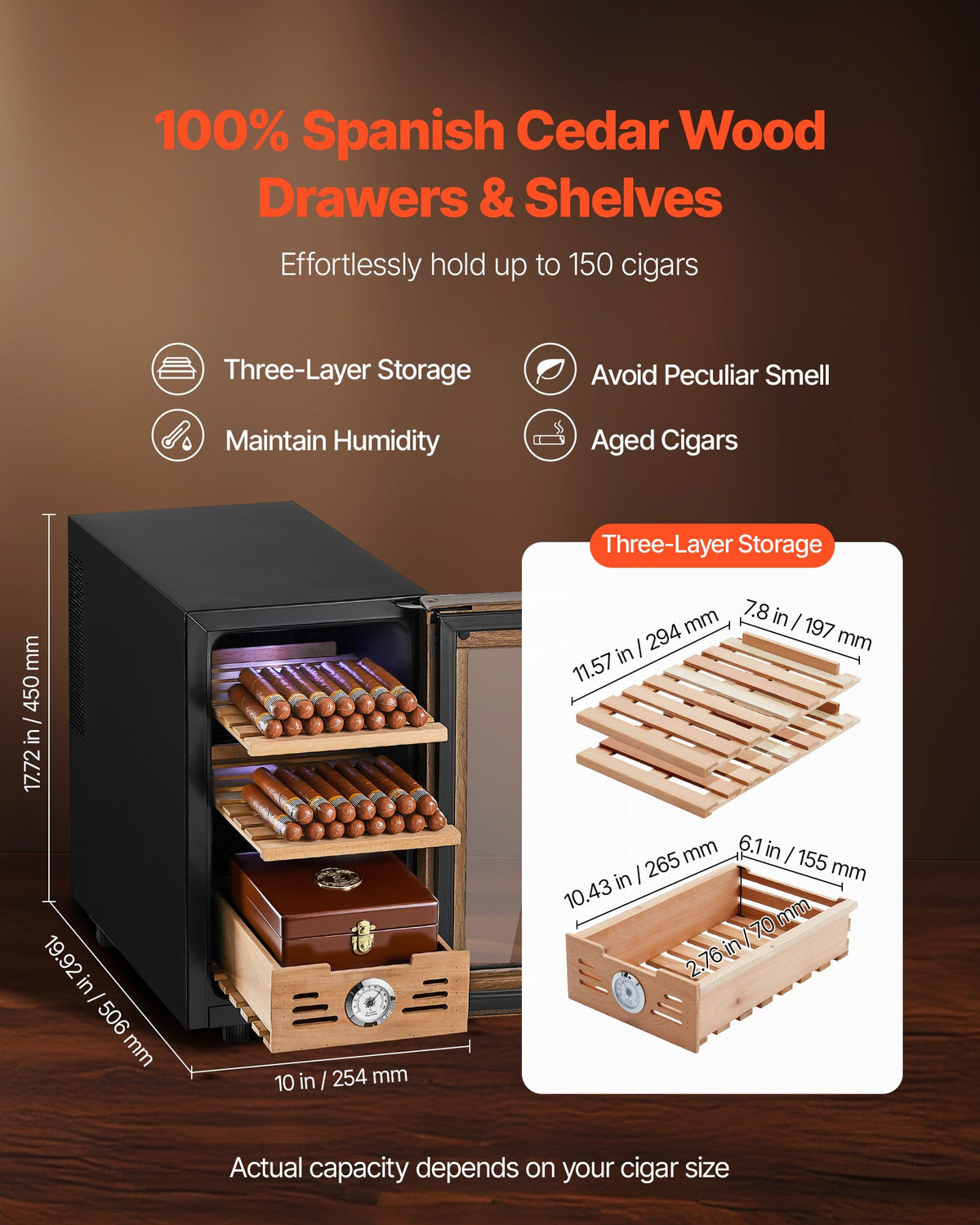 VEVOR Electric Humidor, 23L, 150 Counts Electric Cigar Humidor Cabinet with Cooling Temperature Control, Spanish Cedar Wood Shelves & Drawers, Mechanical Hygrometer, 3 Layers, Cooler for Household - DXQBSJBDTZL2IU3T6001V1 - view 5
