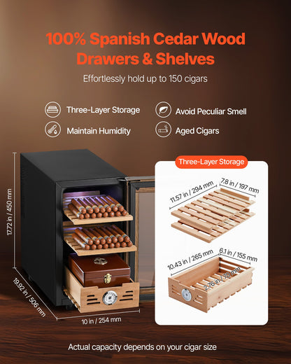 VEVOR Electric Humidor, 23L, 150 Counts Electric Cigar Humidor Cabinet with Cooling Temperature Control, Spanish Cedar Wood Shelves & Drawers, Mechanical Hygrometer, 3 Layers, Cooler for Household - DXQBSJBDTZL2IU3T6001V1 - view 5