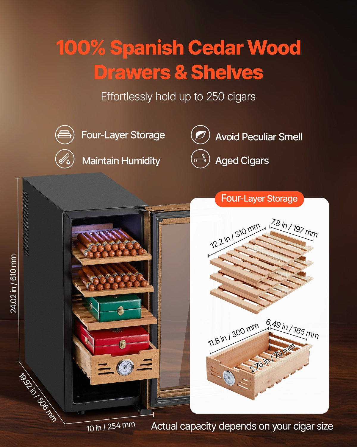 VEVOR Electric Humidor, 33L, 250 Counts Electric Cigar Humidor Cabinet with Cooling Temperature Control, Spanish Cedar Wood Shelves & Drawers, Mechanical Hygrometer, 4 Layers, Cooler for Household - DXQBSJBDTZL3GV9GJ001V1 - view 5