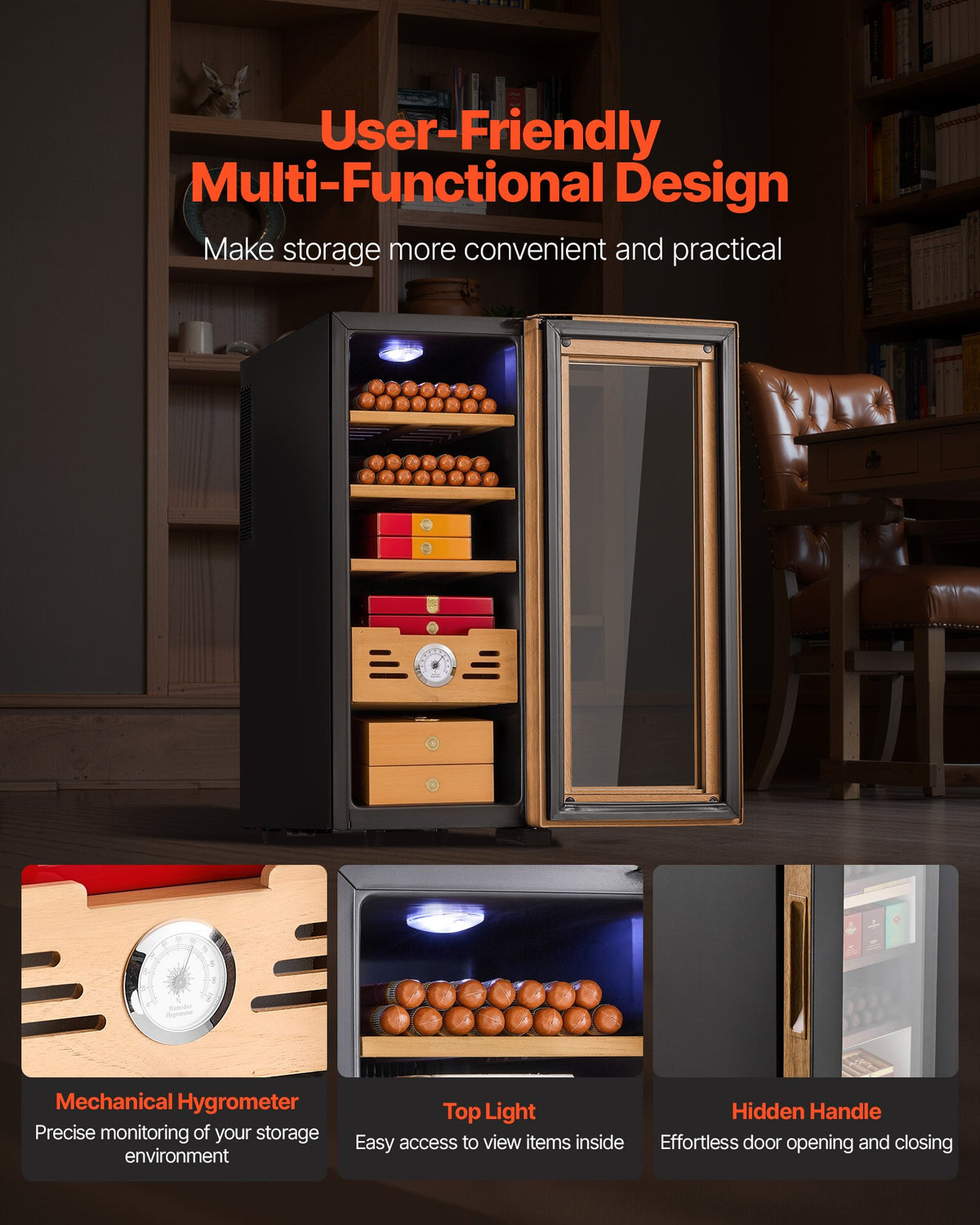 VEVOR Electric Humidor, 33L, 250 Counts Electric Cigar Humidor Cabinet with Cooling Temperature Control, Spanish Cedar Wood Shelves & Drawers, Mechanical Hygrometer, 4 Layers, Cooler for Household - DXQBSJBDTZL3GV9GJ001V1 - view 7