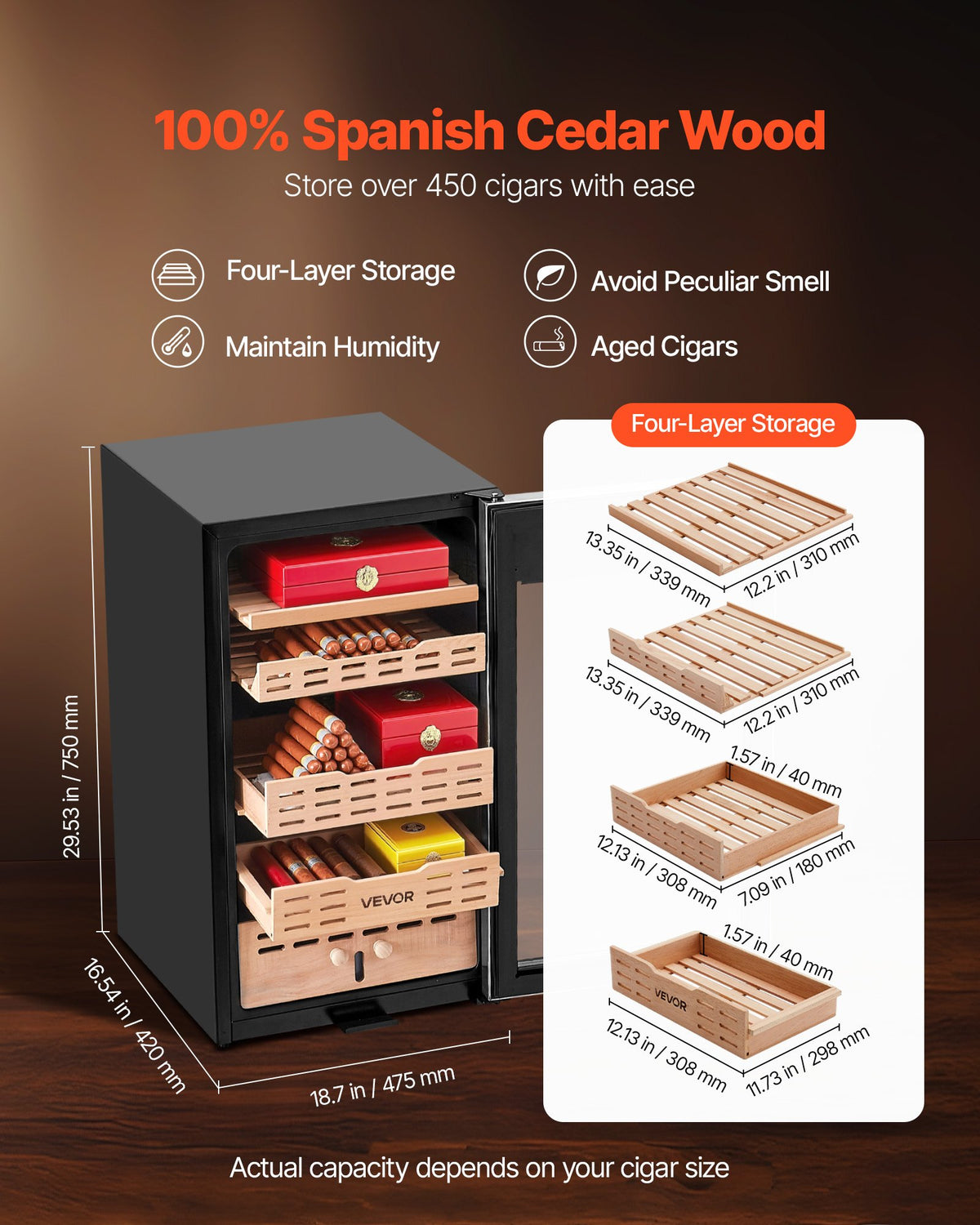 VEVOR Electric Humidor, 75L, 450 Counts Electric Cigar Humidor Cabinet with Compressor Cooling, Constant Humidity & Temperature Control, Spanish Cedar Wood Shelves & Drawers, 4 Layers, for Household - DXQBSJYSJZL7ABP2K001V1 - view 5
