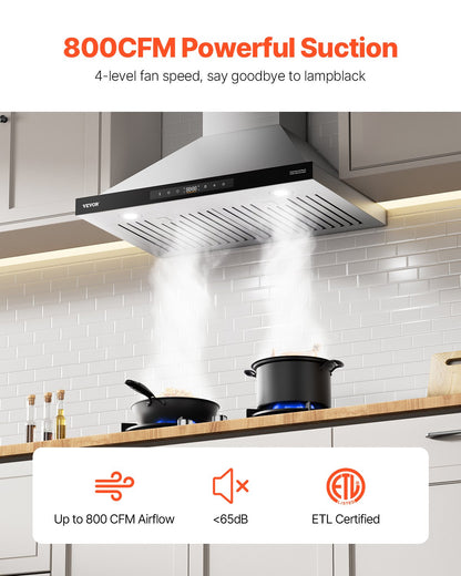VEVOR Wall Mount Range Hood, 30 inch Chimney-Style Ceiling Mount Vent, 800 CFM Stainless Steel Kitchen Stove Hood with Gesture & Touch Control, LED Light, Baffle Filters, Ducted/Ductless Convertible - DXSCYYJ30INC26G3ZV1 - view 3