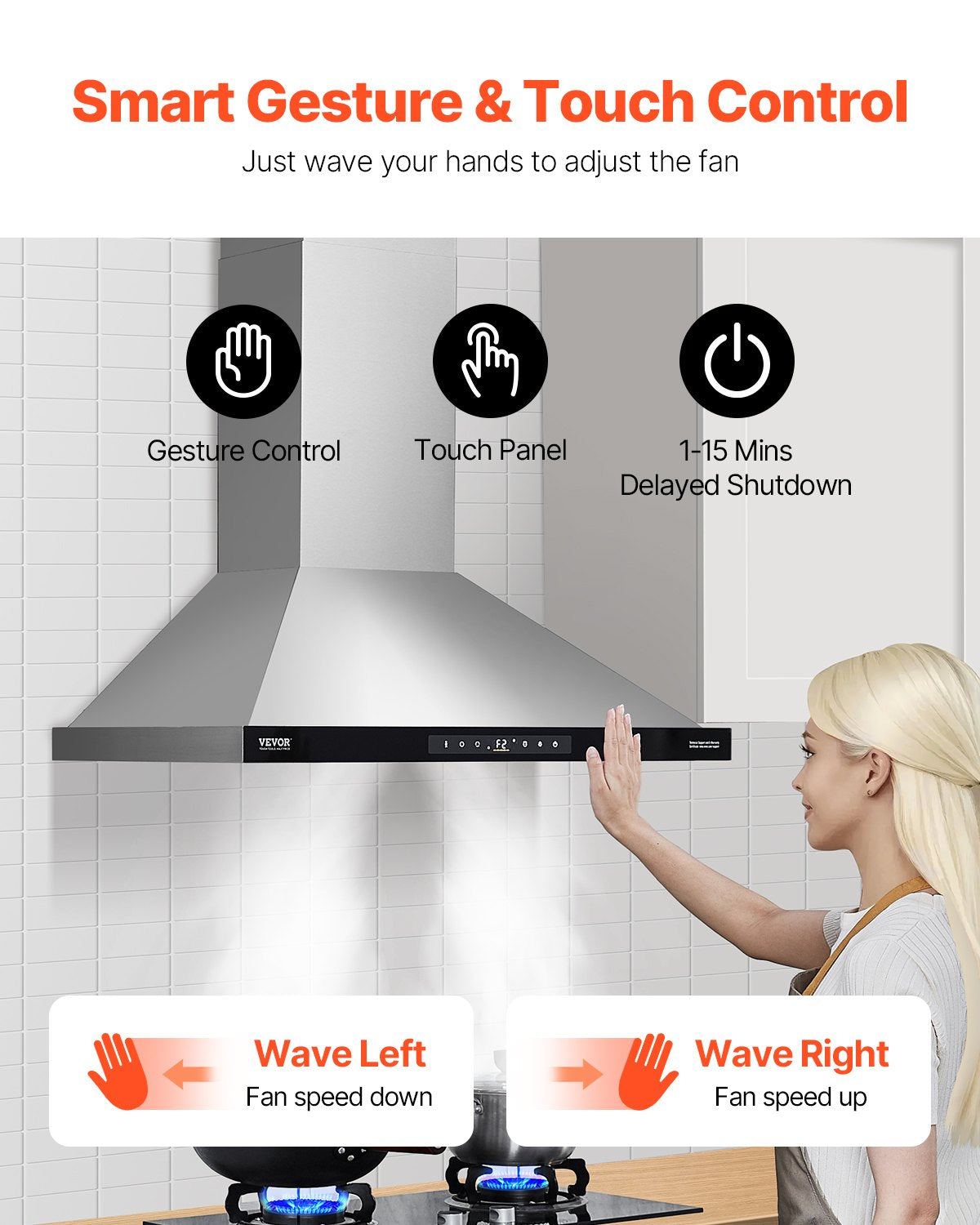 VEVOR Wall Mount Range Hood, 30 inch Chimney-Style Ceiling Mount Vent, 800 CFM Stainless Steel Kitchen Stove Hood with Gesture & Touch Control, LED Light, Baffle Filters, Ducted/Ductless Convertible - DXSCYYJ30INC26G3ZV1 - view 6