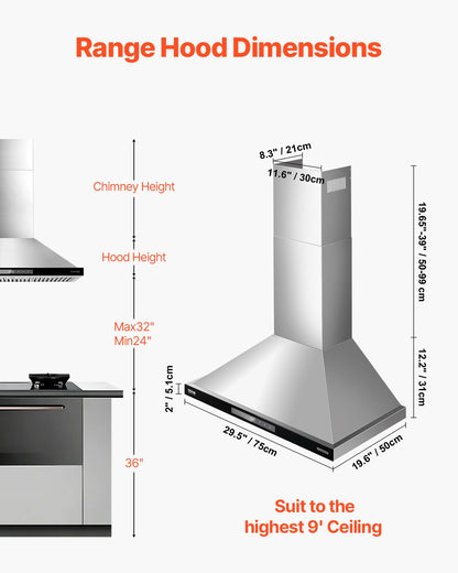 VEVOR Wall Mount Range Hood, 30 inch Chimney-Style Ceiling Mount Vent, 800 CFM Stainless Steel Kitchen Stove Hood with Gesture & Touch Control, LED Light, Baffle Filters, Ducted/Ductless Convertible - DXSCYYJ30INC26G3ZV1 - view 7