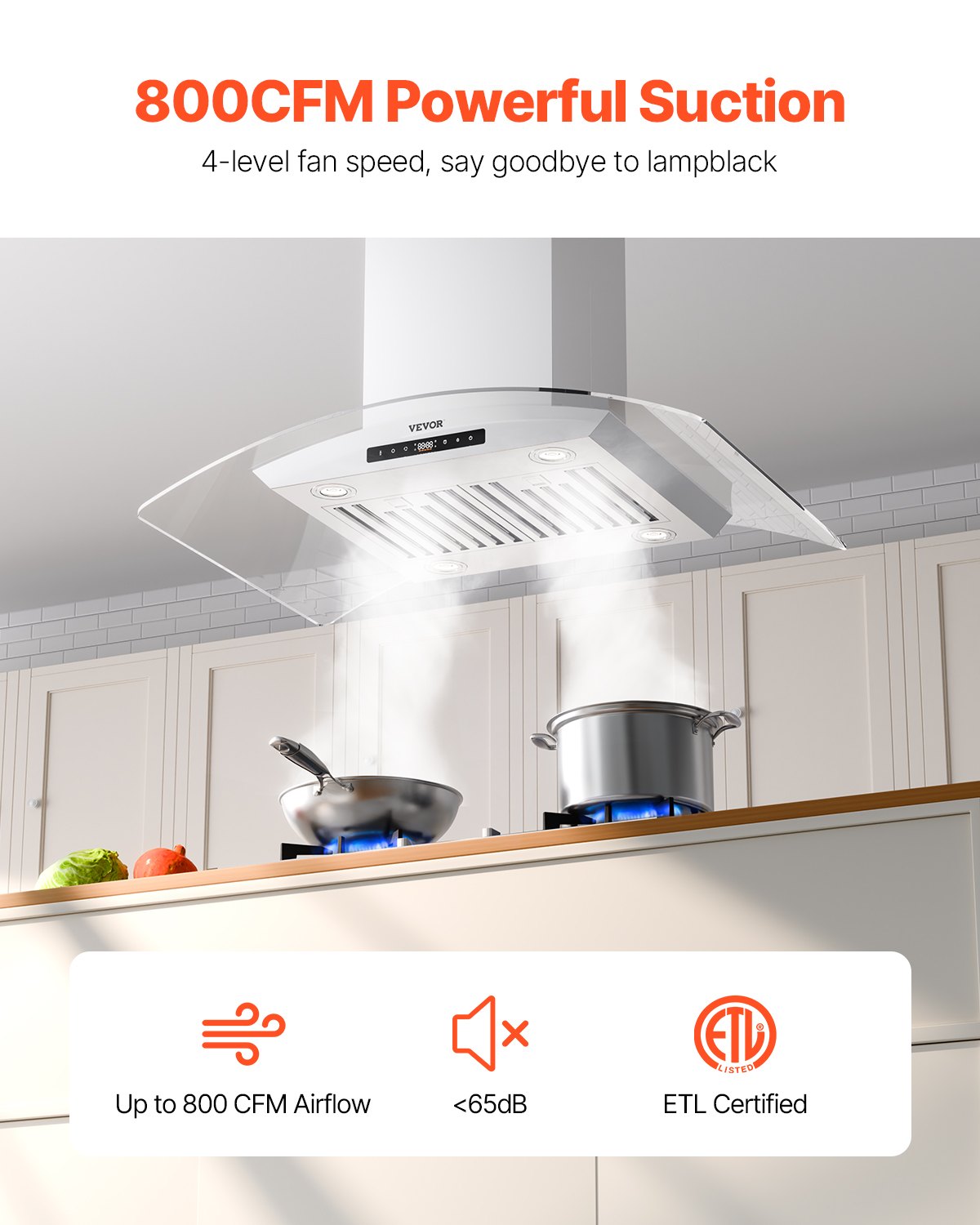 VEVOR Range Hood, 30 inch Chimney-Style Ceiling Mount Vent, 800 CFM Stainless Steel Kitchen Stove Hood with Gesture & Touch Control, LED Light, Baffle Filters, Ducted/Ductless Convertible - DXSCYYJ30INCJFDILV1 - view 3