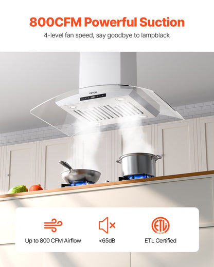 VEVOR Range Hood, 30 inch Chimney-Style Ceiling Mount Vent, 800 CFM Stainless Steel Kitchen Stove Hood with Gesture & Touch Control, LED Light, Baffle Filters, Ducted/Ductless Convertible - DXSCYYJ30INCJFDILV1 - view 3