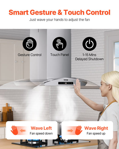 VEVOR Range Hood, 30 inch Chimney-Style Ceiling Mount Vent, 800 CFM Stainless Steel Kitchen Stove Hood with Gesture & Touch Control, LED Light, Baffle Filters, Ducted/Ductless Convertible - DXSCYYJ30INCJFDILV1 - view 6
