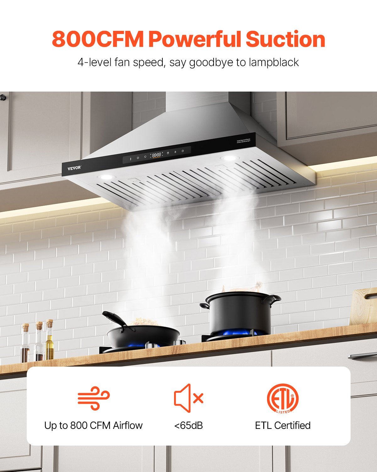 VEVOR Wall Mount Range Hood, 36 inch Chimney-Style Ceiling Mount Vent, 800 CFM Stainless Steel Kitchen Stove Hood with Gesture & Touch Control, LED Light, Baffle Filters, Ducted/Ductless Convertible - DXSCYYJ36INCIAAJBV1 - view 3