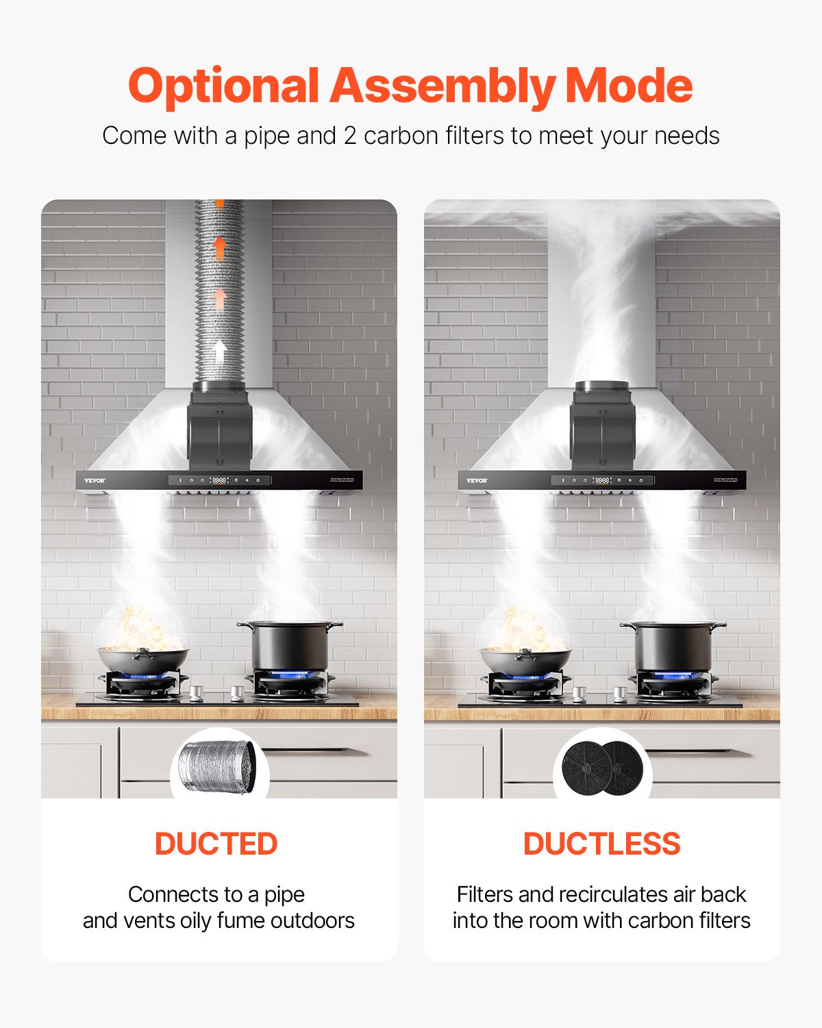 VEVOR Wall Mount Range Hood, 36 inch Chimney-Style Ceiling Mount Vent, 800 CFM Stainless Steel Kitchen Stove Hood with Gesture & Touch Control, LED Light, Baffle Filters, Ducted/Ductless Convertible - DXSCYYJ36INCIAAJBV1 - view 4