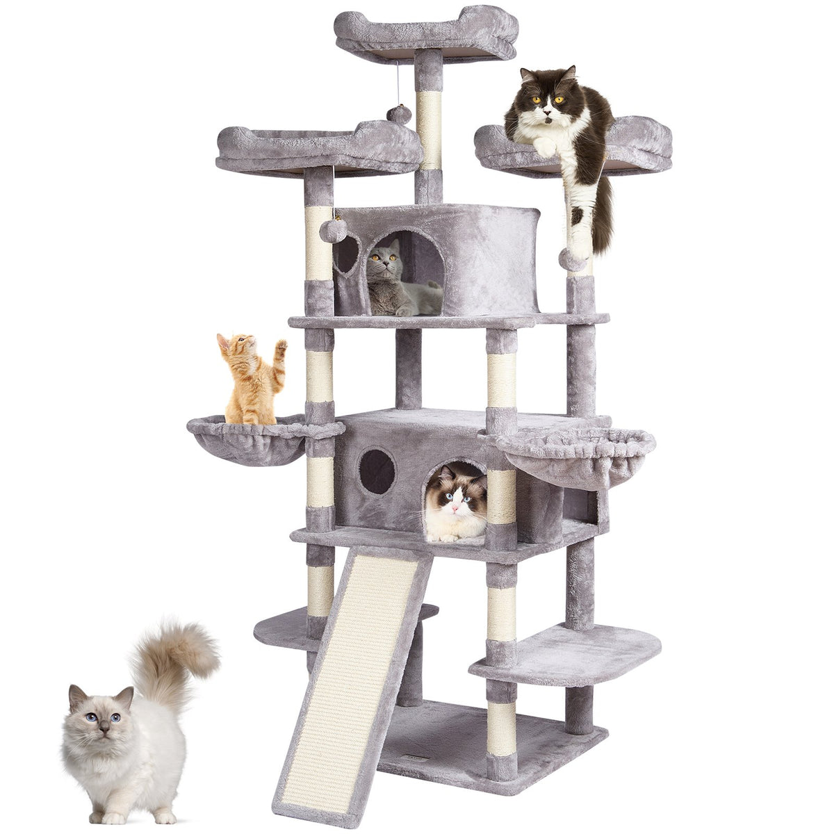 VEVOR Cat Tree for Indoor Cats, 68.5" Cat Tower with 2 Cat Condos, Sisal Scratching Post, Hammocks, Top Perches, Jumping Platforms and Ramp, Cat Furniture Activity Center with Hang Balls, Light Grey - DXSMS6C2FQH0WG36KV0 - view 1