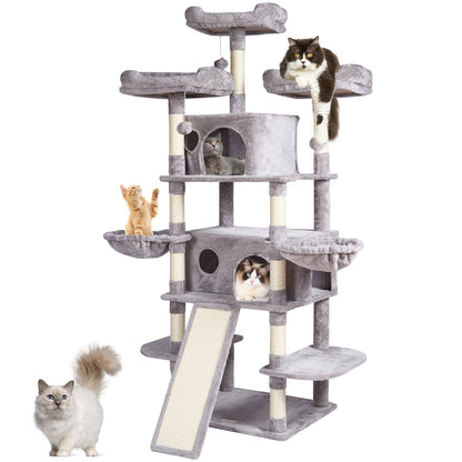 VEVOR Cat Tree for Indoor Cats, 68.5" Cat Tower with 2 Cat Condos, Sisal Scratching Post, Hammocks, Top Perches, Jumping Platforms and Ramp, Cat Furniture Activity Center with Hang Balls, Light Grey - DXSMS6C2FQH0WG36KV0 - view 1