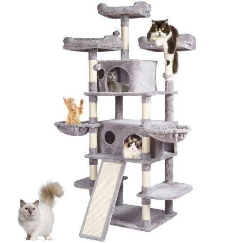 VEVOR Cat Tree for Indoor Cats, 68.5" Cat Tower with 2 Cat Condos, Sisal Scratching Post, Hammocks, Top Perches, Jumping Platforms and Ramp, Cat Furniture Activity Center with Hang Balls, Light Grey - DXSMS6C2FQH0WG36KV0 - view 2