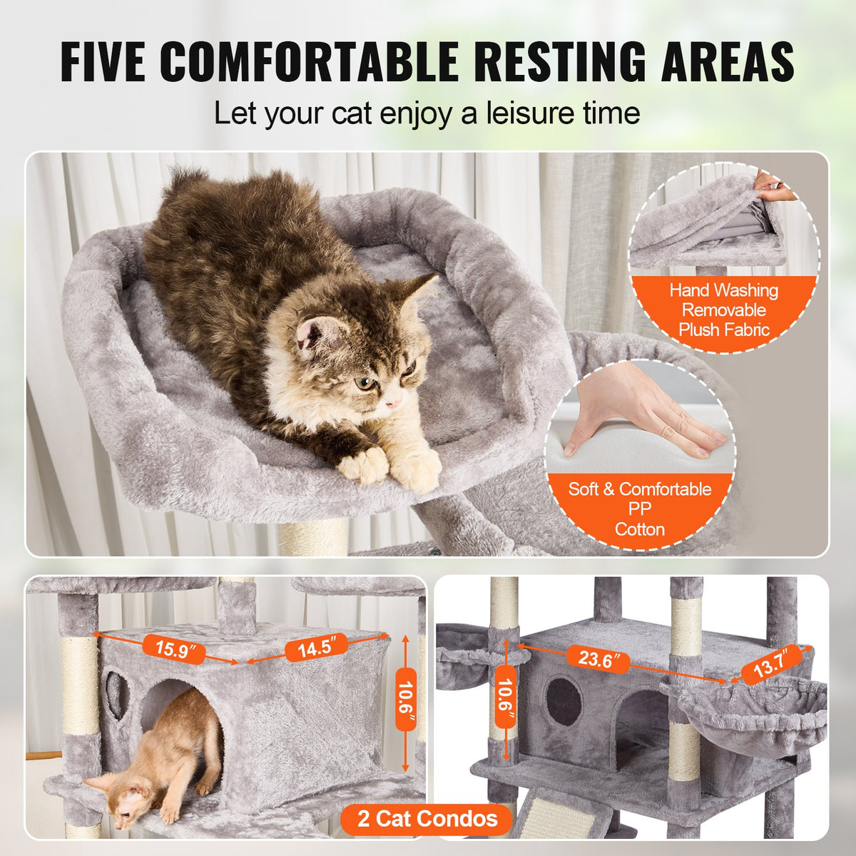 VEVOR Cat Tree for Indoor Cats, 68.5" Cat Tower with 2 Cat Condos, Sisal Scratching Post, Hammocks, Top Perches, Jumping Platforms and Ramp, Cat Furniture Activity Center with Hang Balls, Light Grey - DXSMS6C2FQH0WG36KV0 - view 4