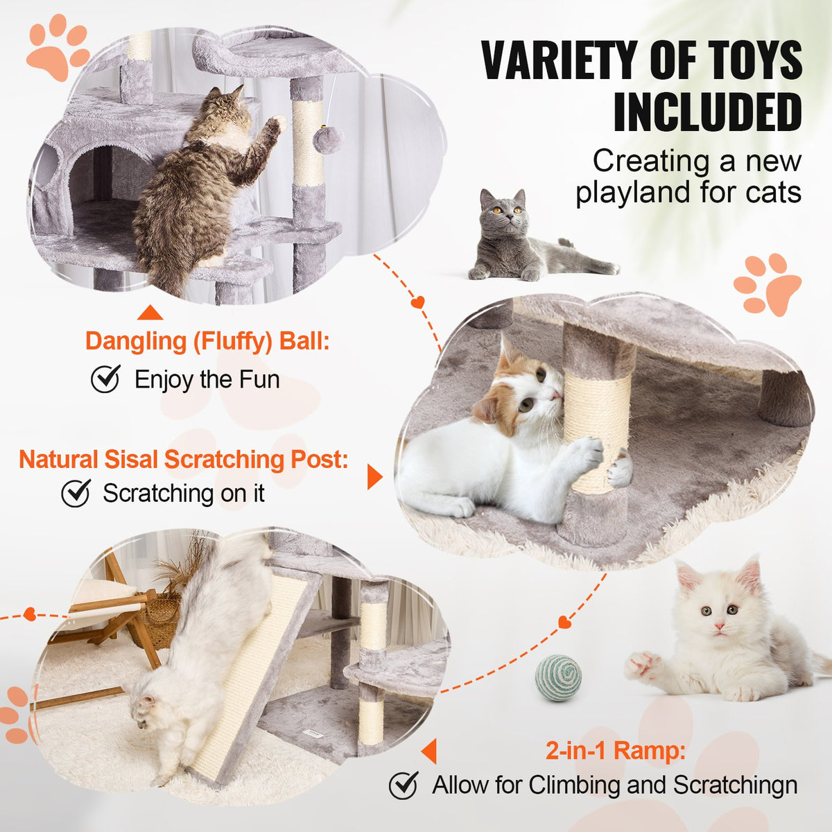 VEVOR Cat Tree for Indoor Cats, 68.5" Cat Tower with 2 Cat Condos, Sisal Scratching Post, Hammocks, Top Perches, Jumping Platforms and Ramp, Cat Furniture Activity Center with Hang Balls, Light Grey - DXSMS6C2FQH0WG36KV0 - view 5