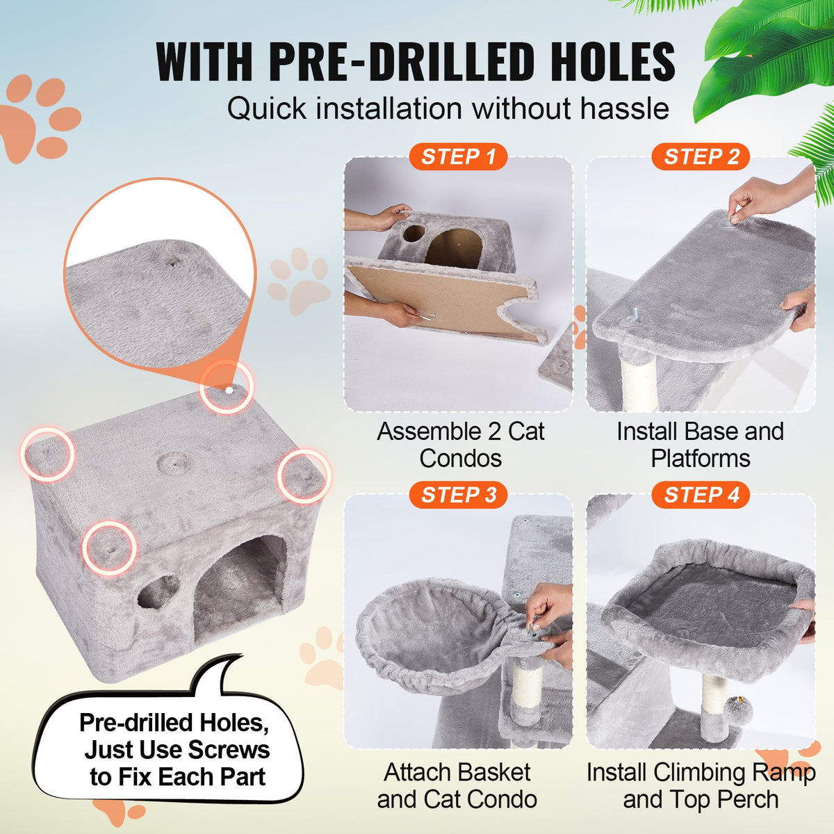 VEVOR Cat Tree for Indoor Cats, 68.5" Cat Tower with 2 Cat Condos, Sisal Scratching Post, Hammocks, Top Perches, Jumping Platforms and Ramp, Cat Furniture Activity Center with Hang Balls, Light Grey - DXSMS6C2FQH0WG36KV0 - view 6