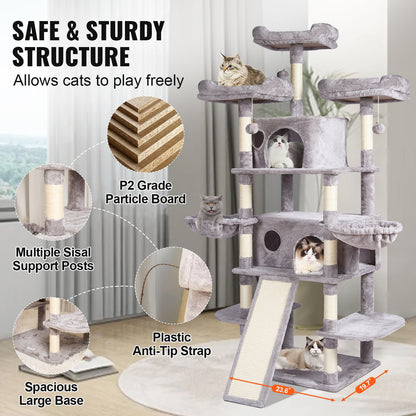 VEVOR Cat Tree for Indoor Cats, 68.5" Cat Tower with 2 Cat Condos, Sisal Scratching Post, Hammocks, Top Perches, Jumping Platforms and Ramp, Cat Furniture Activity Center with Hang Balls, Light Grey - DXSMS6C2FQH0WG36KV0 - view 7