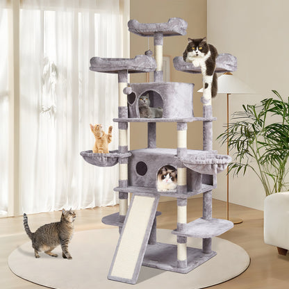 VEVOR Cat Tree for Indoor Cats, 68.5" Cat Tower with 2 Cat Condos, Sisal Scratching Post, Hammocks, Top Perches, Jumping Platforms and Ramp, Cat Furniture Activity Center with Hang Balls, Light Grey - DXSMS6C2FQH0WG36KV0 - view 9