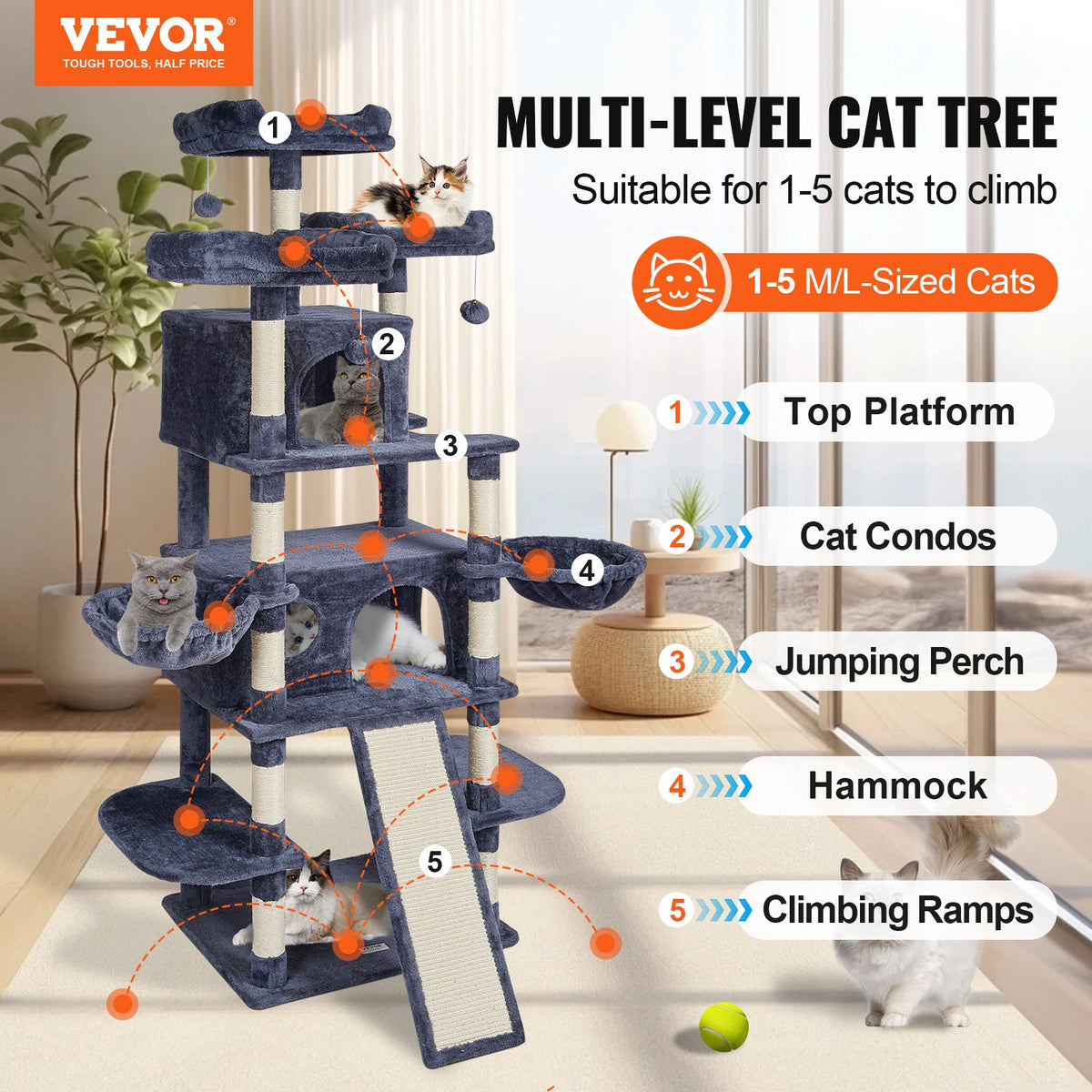 VEVOR Cat Tree for Indoor Cats, 68.5" Cat Tower with 2 Cat Condos, Sisal Scratching Post, Hammocks, Top Perches, Jumping Platforms and Ramp, Cat Furniture Activity Center with Hang Balls, Dark Grey - DXSMS6C2FSH0HO84PV0 - view 3