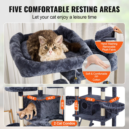 VEVOR Cat Tree for Indoor Cats, 68.5" Cat Tower with 2 Cat Condos, Sisal Scratching Post, Hammocks, Top Perches, Jumping Platforms and Ramp, Cat Furniture Activity Center with Hang Balls, Dark Grey - DXSMS6C2FSH0HO84PV0 - view 4