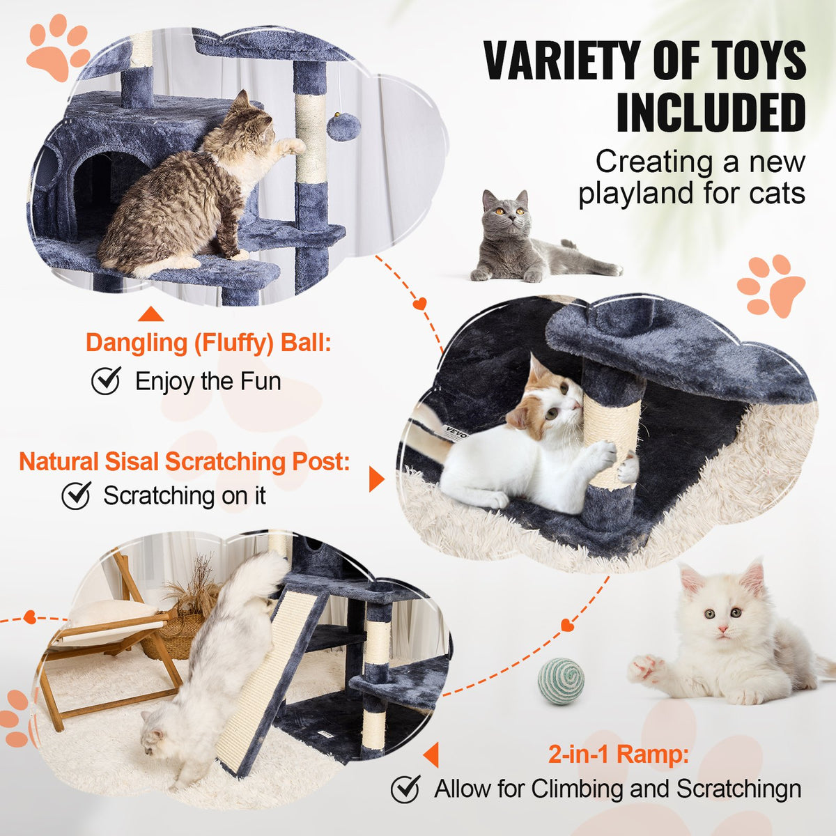 VEVOR Cat Tree for Indoor Cats, 68.5" Cat Tower with 2 Cat Condos, Sisal Scratching Post, Hammocks, Top Perches, Jumping Platforms and Ramp, Cat Furniture Activity Center with Hang Balls, Dark Grey - DXSMS6C2FSH0HO84PV0 - view 5