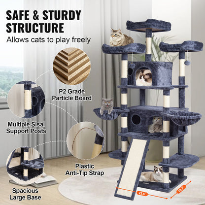VEVOR Cat Tree for Indoor Cats, 68.5" Cat Tower with 2 Cat Condos, Sisal Scratching Post, Hammocks, Top Perches, Jumping Platforms and Ramp, Cat Furniture Activity Center with Hang Balls, Dark Grey - DXSMS6C2FSH0HO84PV0 - view 7