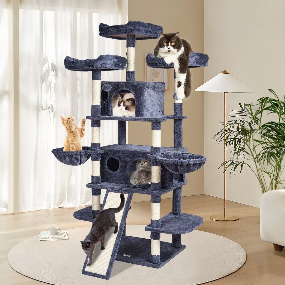VEVOR Cat Tree for Indoor Cats, 68.5" Cat Tower with 2 Cat Condos, Sisal Scratching Post, Hammocks, Top Perches, Jumping Platforms and Ramp, Cat Furniture Activity Center with Hang Balls, Dark Grey - DXSMS6C2FSH0HO84PV0 - view 9