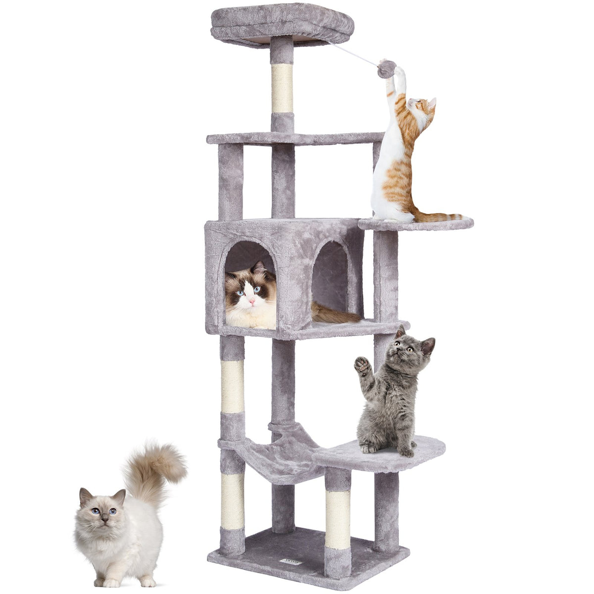 VEVOR Cat Tree for Indoor Cats, 60.6" Cat Tower with Cat Condo, Sisal Scratching Post, Hammock, Top Perch, Jumping Platforms, Large Cat Furniture Activity Center with Hang Ball, Light Grey - DXSMS7C1FQH0Z4S50V0 - view 1