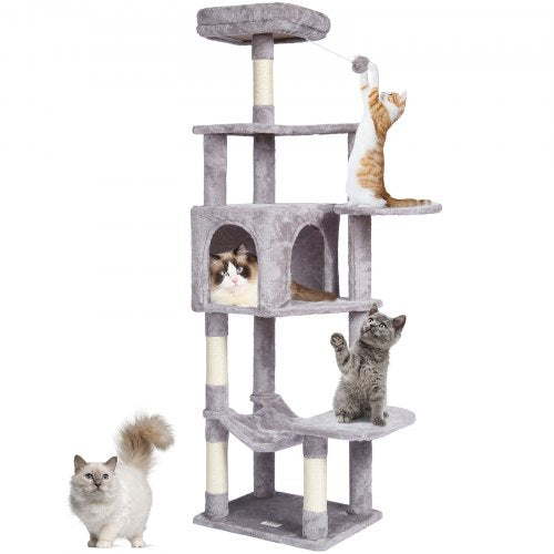VEVOR Cat Tree for Indoor Cats, 60.6" Cat Tower with Cat Condo, Sisal Scratching Post, Hammock, Top Perch, Jumping Platforms, Large Cat Furniture Activity Center with Hang Ball, Light Grey - DXSMS7C1FQH0Z4S50V0 - view 2