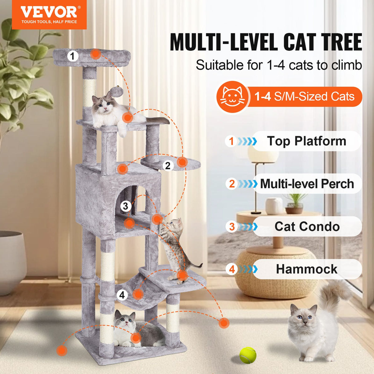 VEVOR Cat Tree for Indoor Cats, 60.6" Cat Tower with Cat Condo, Sisal Scratching Post, Hammock, Top Perch, Jumping Platforms, Large Cat Furniture Activity Center with Hang Ball, Light Grey - DXSMS7C1FQH0Z4S50V0 - view 3