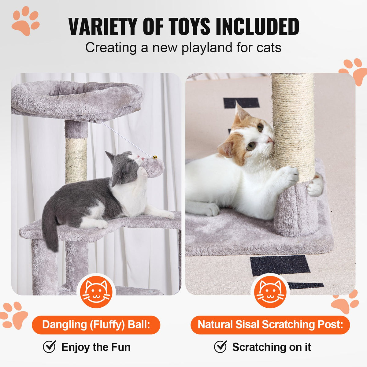 VEVOR Cat Tree for Indoor Cats, 60.6" Cat Tower with Cat Condo, Sisal Scratching Post, Hammock, Top Perch, Jumping Platforms, Large Cat Furniture Activity Center with Hang Ball, Light Grey - DXSMS7C1FQH0Z4S50V0 - view 5