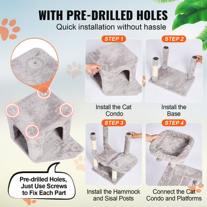 VEVOR Cat Tree for Indoor Cats, 60.6" Cat Tower with Cat Condo, Sisal Scratching Post, Hammock, Top Perch, Jumping Platforms, Large Cat Furniture Activity Center with Hang Ball, Light Grey - DXSMS7C1FQH0Z4S50V0 - view 6