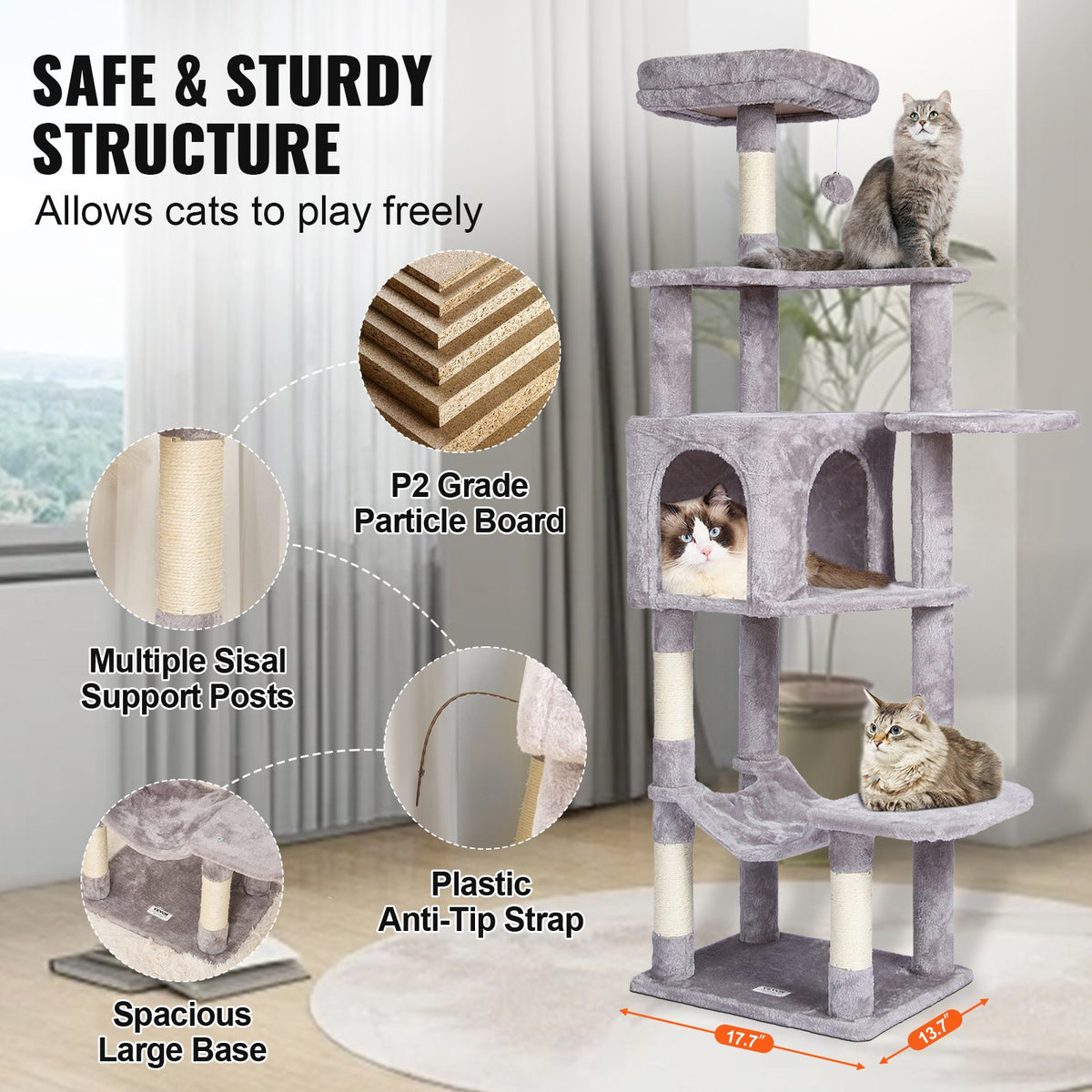 VEVOR Cat Tree for Indoor Cats, 60.6" Cat Tower with Cat Condo, Sisal Scratching Post, Hammock, Top Perch, Jumping Platforms, Large Cat Furniture Activity Center with Hang Ball, Light Grey - DXSMS7C1FQH0Z4S50V0 - view 7