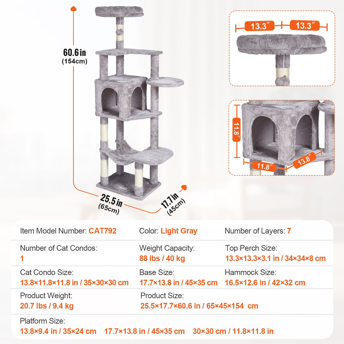 VEVOR Cat Tree for Indoor Cats, 60.6" Cat Tower with Cat Condo, Sisal Scratching Post, Hammock, Top Perch, Jumping Platforms, Large Cat Furniture Activity Center with Hang Ball, Light Grey - DXSMS7C1FQH0Z4S50V0 - view 8