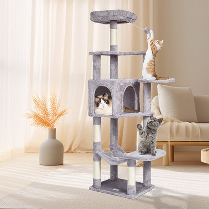 VEVOR Cat Tree for Indoor Cats, 60.6" Cat Tower with Cat Condo, Sisal Scratching Post, Hammock, Top Perch, Jumping Platforms, Large Cat Furniture Activity Center with Hang Ball, Light Grey - DXSMS7C1FQH0Z4S50V0 - view 9