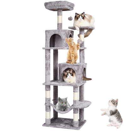 VEVOR Cat Tree for Indoor Cats, 63" Cat Tower with 2 Cat Condos, Sisal Scratching Post, Hammock, Top Perch, Jumping Platforms, Large Cat Furniture Activity Center with Hang Ball, Light Grey - DXSMS7C2FQH0PX1IIV0 - view 1